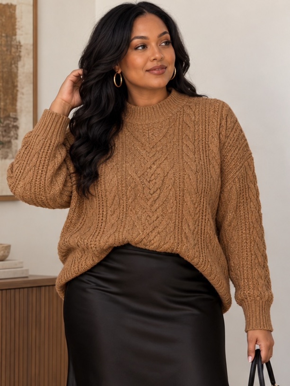 Old Navy SoSoft Cable Knit Mock Neck Sweater Camel Brown Size L